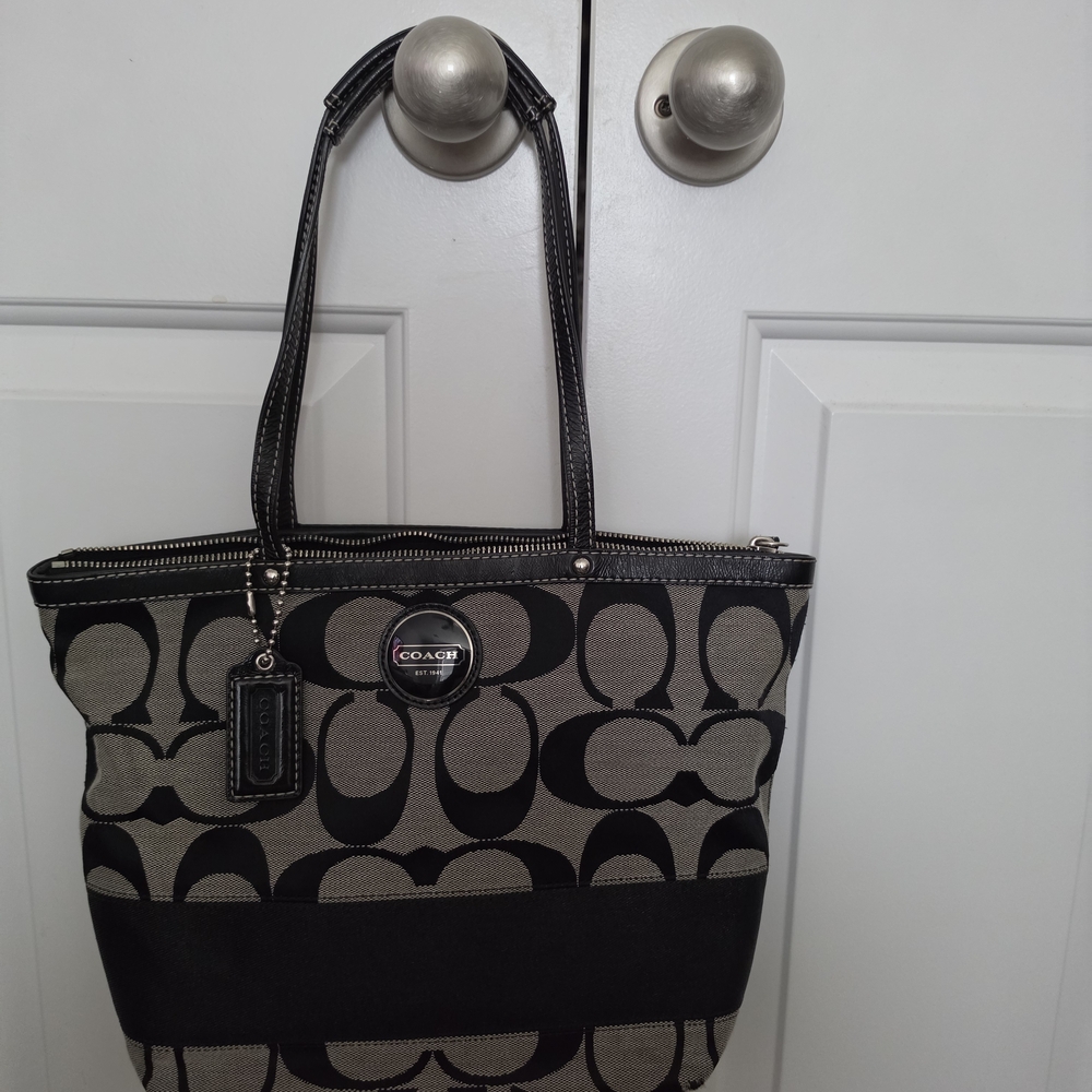 Coach Black & Gray Signature Tote with Leather Trim